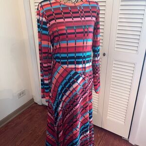 Women’s Long Sleeve Plaid Maxi Dress in Pink & Blue